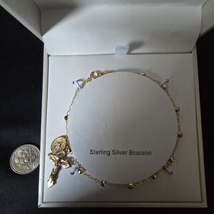 Sterling Silver Bracelet with Gold-Tone Beads and Religious Charms - Two-Tone
